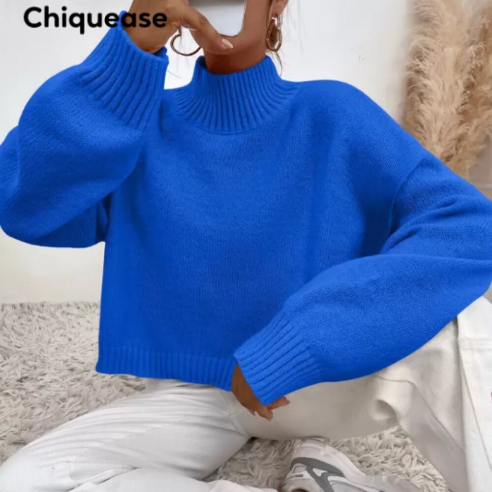 Chiquease Mock Neck Drop Shoulder Crop Sweater